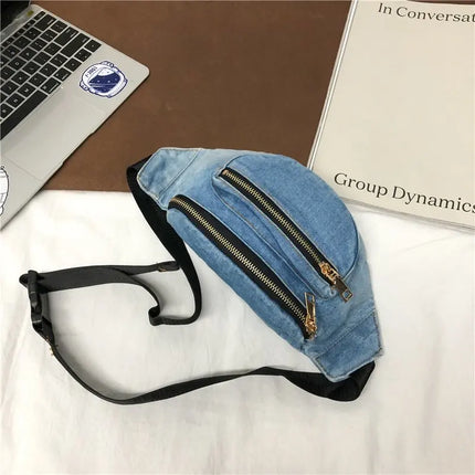 Trendy Denim Waist Bag – Crossbody / Fanny Pack with Multiple Zip Pockets, Casual Festival Hip Bag