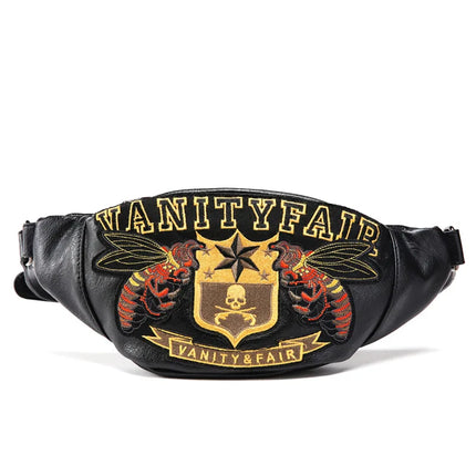 Vintage Black Fanny Pack with Bold Vanity Fair Print – Stylish Belt Bag for Festivals & Daily Wear