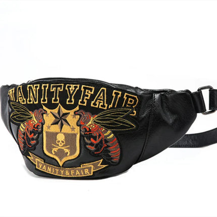 Vintage Black Fanny Pack with Bold Vanity Fair Print – Stylish Belt Bag for Festivals & Daily Wear