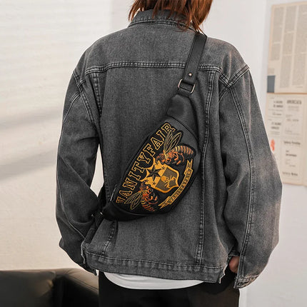 Vintage Black Fanny Pack with Bold Vanity Fair Print – Stylish Belt Bag for Festivals & Daily Wear