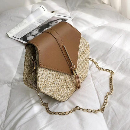 Women's Straw Shoulder Bag with Leather Accents – Lightweight & Elegant Summer Handbag