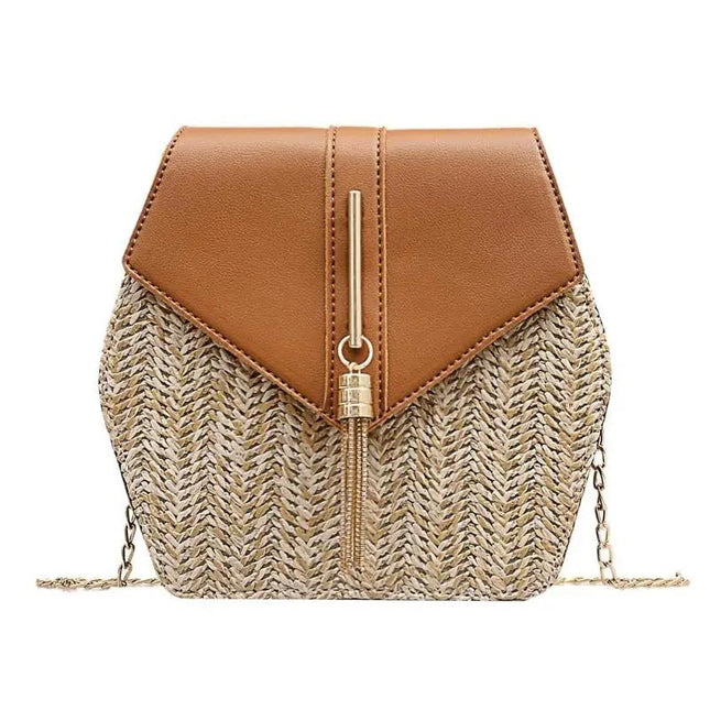 Women's Straw Shoulder Bag with Leather Accents – Lightweight & Elegant Summer Handbag