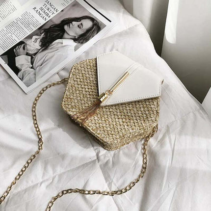 Women's Straw Shoulder Bag with Leather Accents – Lightweight & Elegant Summer Handbag