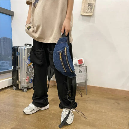Trendy Denim Waist Bag – Crossbody / Fanny Pack with Multiple Zip Pockets, Casual Festival Hip Bag