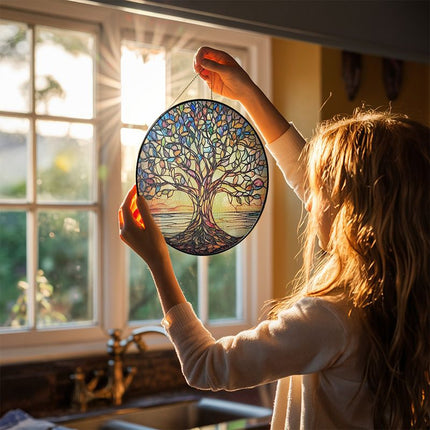 Handcrafted Tree of Life Stained Glass Suncatcher 8" – Colorful Window Hanging for Home & Garden