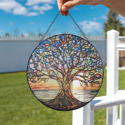 Handcrafted Tree of Life Stained Glass Suncatcher 8" – Colorful Window Hanging for Home & Garden