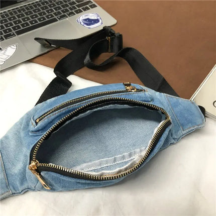 Trendy Denim Waist Bag – Crossbody / Fanny Pack with Multiple Zip Pockets, Casual Festival Hip Bag