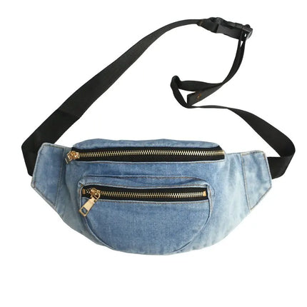 Trendy Denim Waist Bag – Crossbody / Fanny Pack with Multiple Zip Pockets, Casual Festival Hip Bag