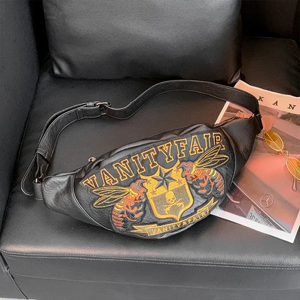 Vintage Black Fanny Pack with Bold Vanity Fair Print – Stylish Belt Bag for Festivals & Daily Wear