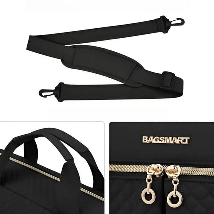 Stylish 17-Inch Black Laptop Bag for Women – Quilted, Water-Resistant, with Gold Accents & USB Port