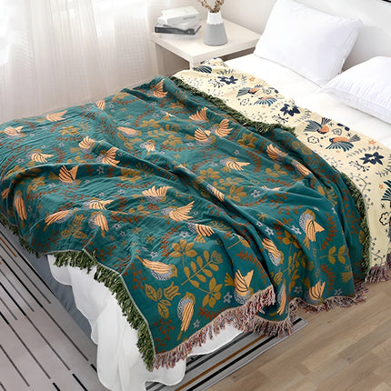 Reversible Cotton Blanket with Birds & Floral Design – Green Throw 59" x 79" / 79" x 91"