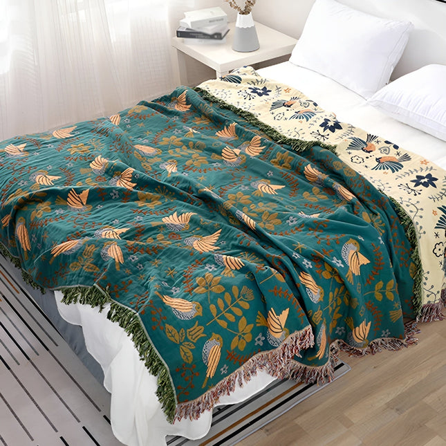 Reversible Cotton Blanket with Birds & Floral Design – Green Throw 59" x 79" / 79" x 91"