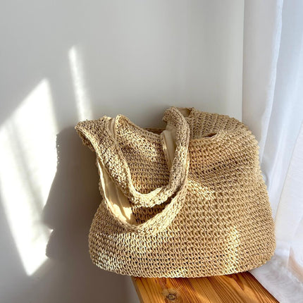 Large Bohemian Woven Straw Shopper Bag with Zipper – Sustainable Boho Beach Tote