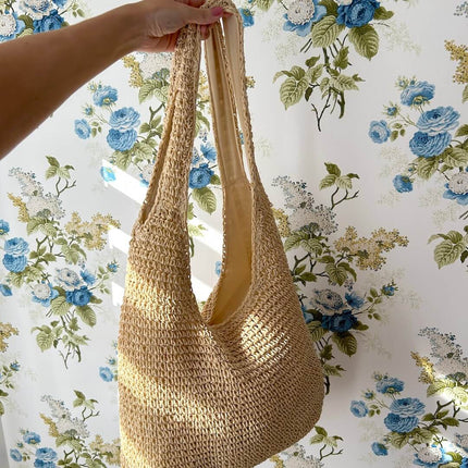 Large Bohemian Woven Straw Shopper Bag with Zipper – Sustainable Boho Beach Tote