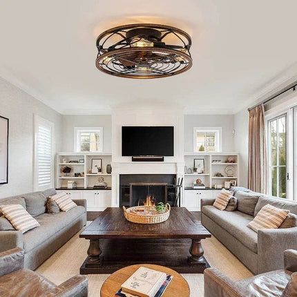 Industrial Ceiling Fan with LED Light – Retro Vintage Metal Design with Remote Control, 6.7" Low Profile