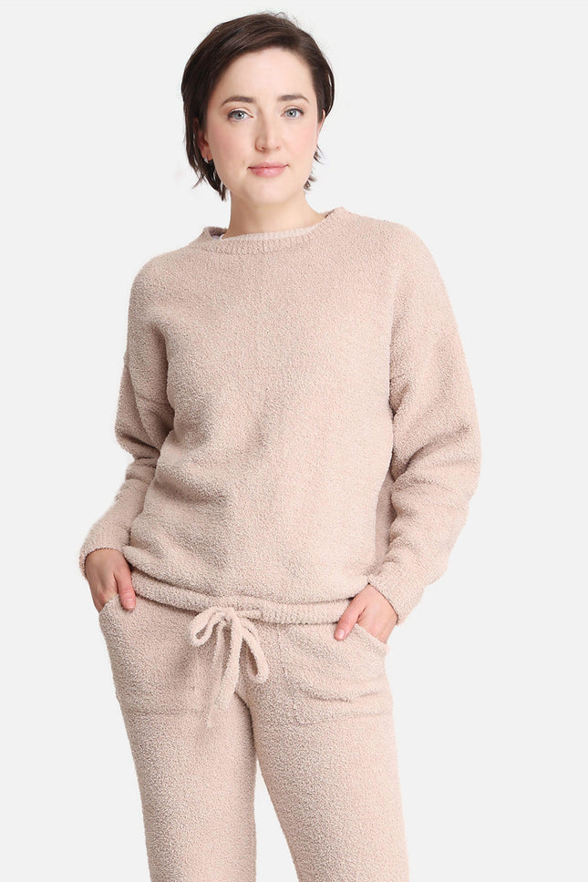 Women’s Soft Loungewear Sweater with Drawstring Hem – Beige & Black