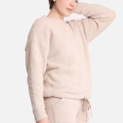 Women’s Soft Loungewear Sweater with Drawstring Hem – Beige & Black