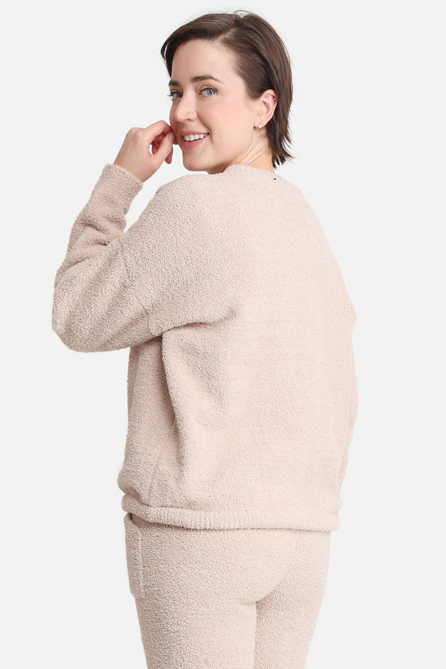 Women’s Soft Loungewear Sweater with Drawstring Hem – Beige & Black