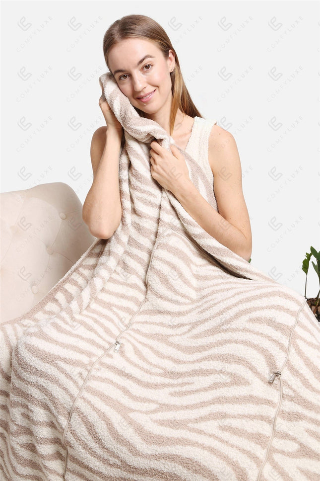 Zebra Print 2-in-1 Throw Blanket & Pillow – Ultra-Soft Microfiber, Beige Safari Design