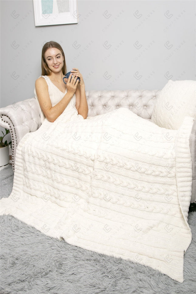 Chunky Cable Knit Fleece Throw Blanket – Soft & Cozy 50X55 Inch Home Decor Plaid