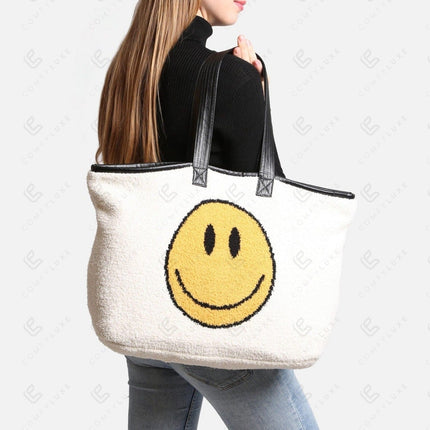 Happy Face Tote Bag – Spacious & Soft Smiley Print Shopper