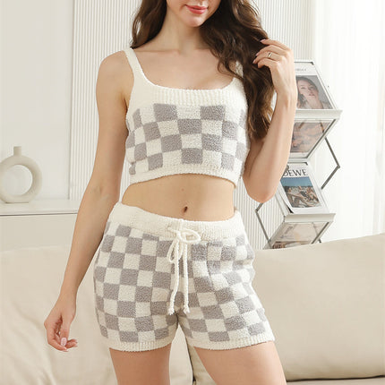 Checkered Pattern Luxe Soft Crop Tank Top – Women's Stylish Microfiber Sleeveless Top in Beige, Black, Gray, Pink & Sage