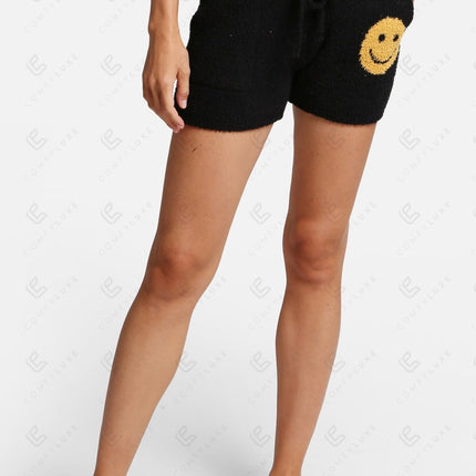 Smiley Print Women’s Lounge Shorts – Cozy Drawstring Loungewear with Pockets