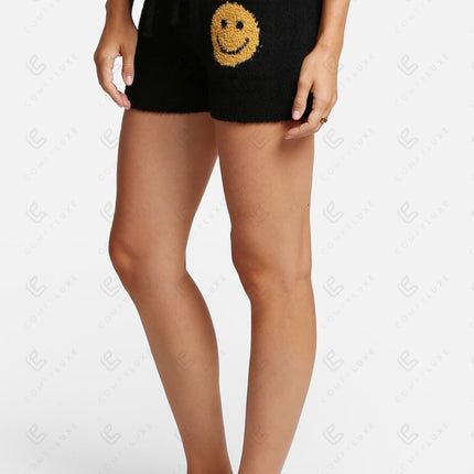 Smiley Print Women’s Lounge Shorts – Cozy Drawstring Loungewear with Pockets