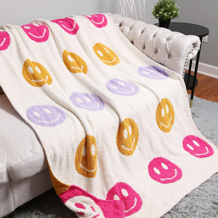 Multicolor Smiley Face Fleece Throw Blanket – Soft, Cozy & Playful Home Decor