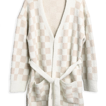 Soft Microfiber Plaid Bathrobe for Women – Cozy Lounge Robe with Pockets & Detachable Belt – Available in Beige, Fuchsia, Grey, Pink, Sage Green