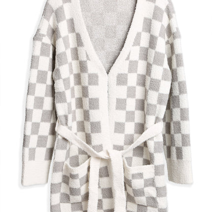 Soft Microfiber Plaid Bathrobe for Women – Cozy Lounge Robe with Pockets & Detachable Belt – Available in Beige, Fuchsia, Grey, Pink, Sage Green