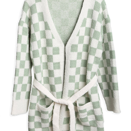 Soft Microfiber Plaid Bathrobe for Women – Cozy Lounge Robe with Pockets & Detachable Belt – Available in Beige, Fuchsia, Grey, Pink, Sage Green