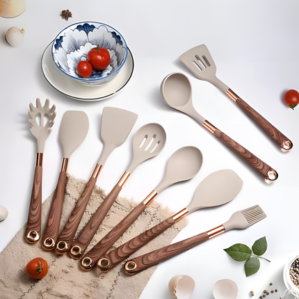 Premium 10-Piece Silicone Kitchen Utensil Set with Space-Saving Holder – Heat-Resistant, Non-Scratch, Dishwasher-Safe