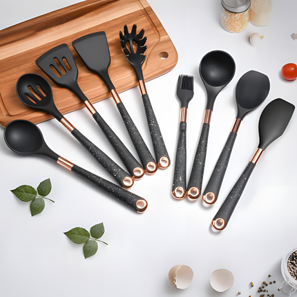 Premium 10-Piece Silicone Kitchen Utensil Set with Space-Saving Holder – Heat-Resistant, Non-Scratch, Dishwasher-Safe