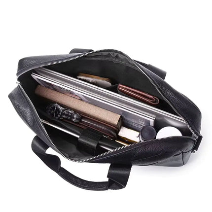 Black Leather Laptop Bag for Men – Premium Cowhide Briefcase with Laptop Sleeve & Organizer