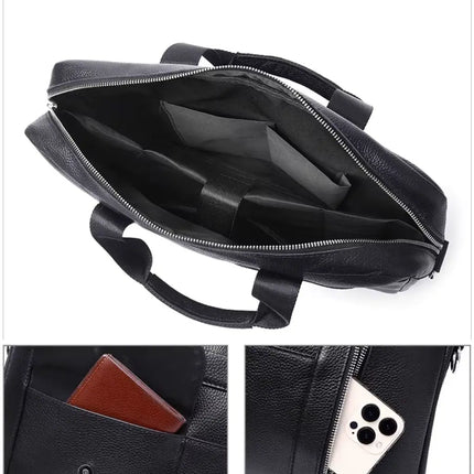 Black Leather Laptop Bag for Men – Premium Cowhide Briefcase with Laptop Sleeve & Organizer