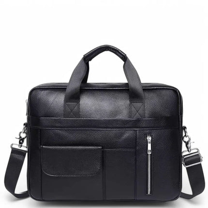 Black Leather Laptop Bag for Men – Premium Cowhide Briefcase with Laptop Sleeve & Organizer