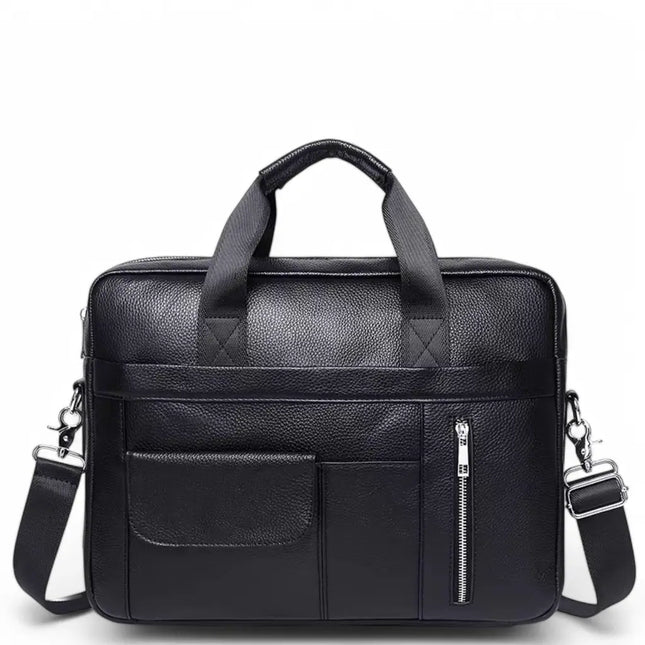 Black Leather Laptop Bag for Men – Premium Cowhide Briefcase with Laptop Sleeve & Organizer