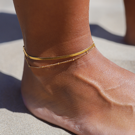 Gold Double Chain Ankle Bracelet – Waterproof Layered Anklet, Adjustable Gold Anklet Jewelry