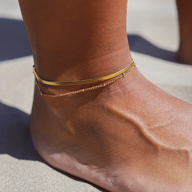 Gold Double Chain Ankle Bracelet – Waterproof Layered Anklet, Adjustable Gold Anklet Jewelry