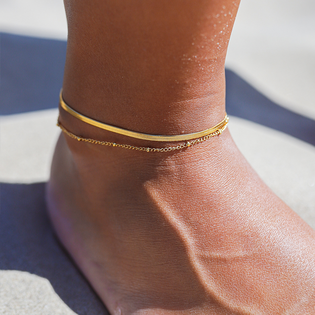 Gold Double Chain Ankle Bracelet – Waterproof Layered Anklet, Adjustable Gold Anklet Jewelry
