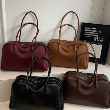 Classic Structured PU Leather Shoulder Bag for Women – Zippered Handbag with Top Handle and Detachable Strap