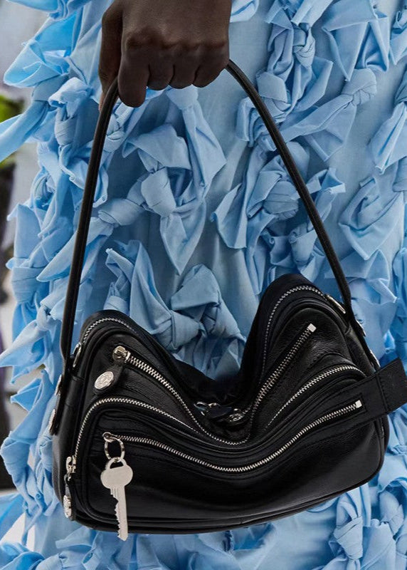 Black Vegan Leather Crescent Crossbody Bag – Adjustable Strap, Multiple Zipper Pockets, Sleek Silver Accents