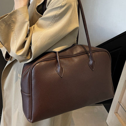 Classic Structured PU Leather Shoulder Bag for Women – Zippered Handbag with Top Handle and Detachable Strap