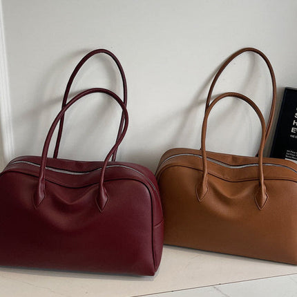 Classic Structured PU Leather Shoulder Bag for Women – Zippered Handbag with Top Handle and Detachable Strap