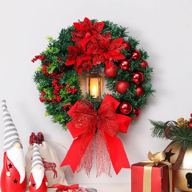 Red Christmas Wreath 16" with LED Lantern – Festive Holiday Decoration for Indoors