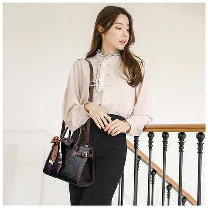 Chic Beige Handbag with Scarf Detail – Luxury Snake Texture