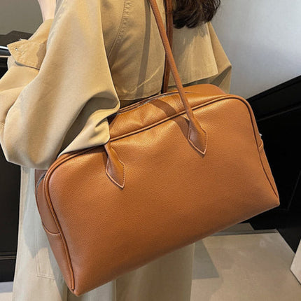 Classic Structured PU Leather Shoulder Bag for Women – Zippered Handbag with Top Handle and Detachable Strap