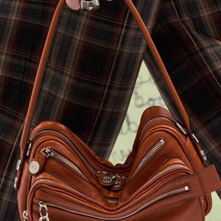 Black Vegan Leather Crescent Crossbody Bag – Adjustable Strap, Multiple Zipper Pockets, Sleek Silver Accents