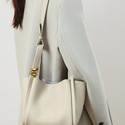 Genuine Leather Bucket Tote Bag for Women – Spacious Modern Handbag with Removable Inner Pouch & Gold Accents